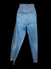 Load image into Gallery viewer, L Blue denim taper leg high waist pants w/ raw hem, belt loops, pockets, &amp; four button closure
