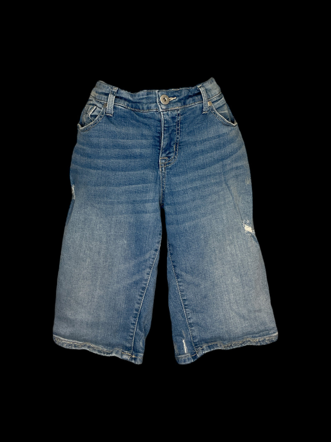 L Blue distressed & faded denim Bermuda shorts w/ pockets, belt loops, & button/zipper closure