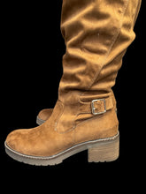 Load image into Gallery viewer, 10W Brown faux suede wide calf knee high boots w/ side buckle, side half zipper, &amp; chunky heel
