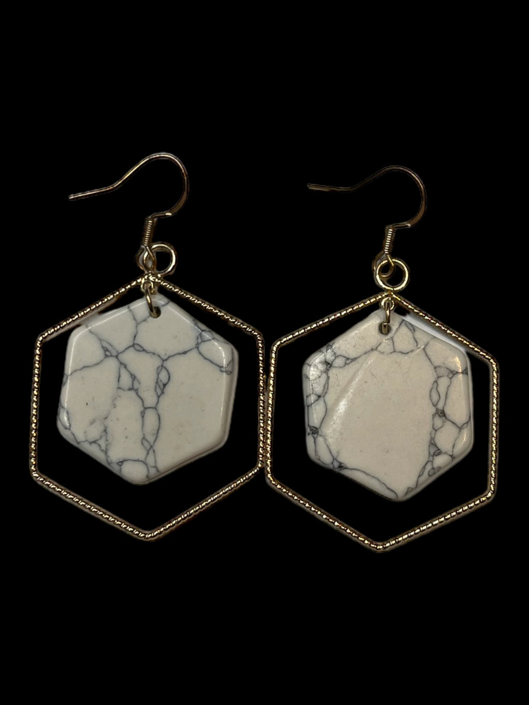 Hexagonal gold-like frame & white marble hexagon plate wire hook earrings