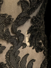 Load image into Gallery viewer, 0X Black &amp; metallic silver sheer mesh &amp; paisley high neck bell sleeve bodysuit w/ two snap closure, &amp; button keyhole detail
