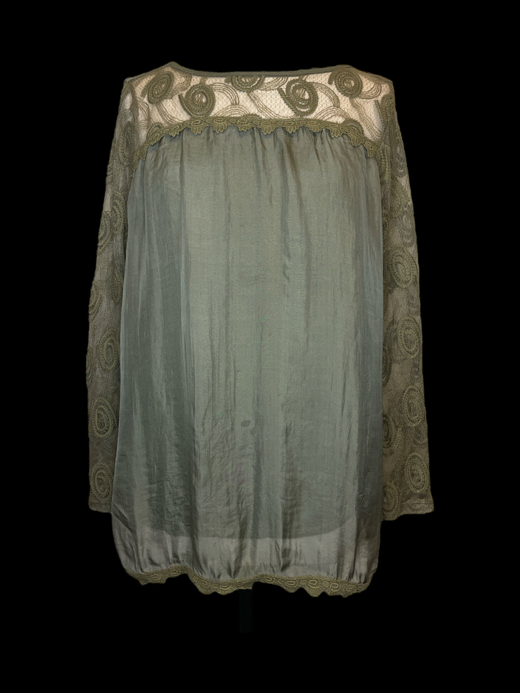 0X Sage green long sleeve scoop neck silk top w/ swirl embroidered lace chest & sleeves, soft lining, & lace hem