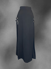 Load image into Gallery viewer, XL Black high slit maxi skirt w/ buckle details, &amp; elastic waist
