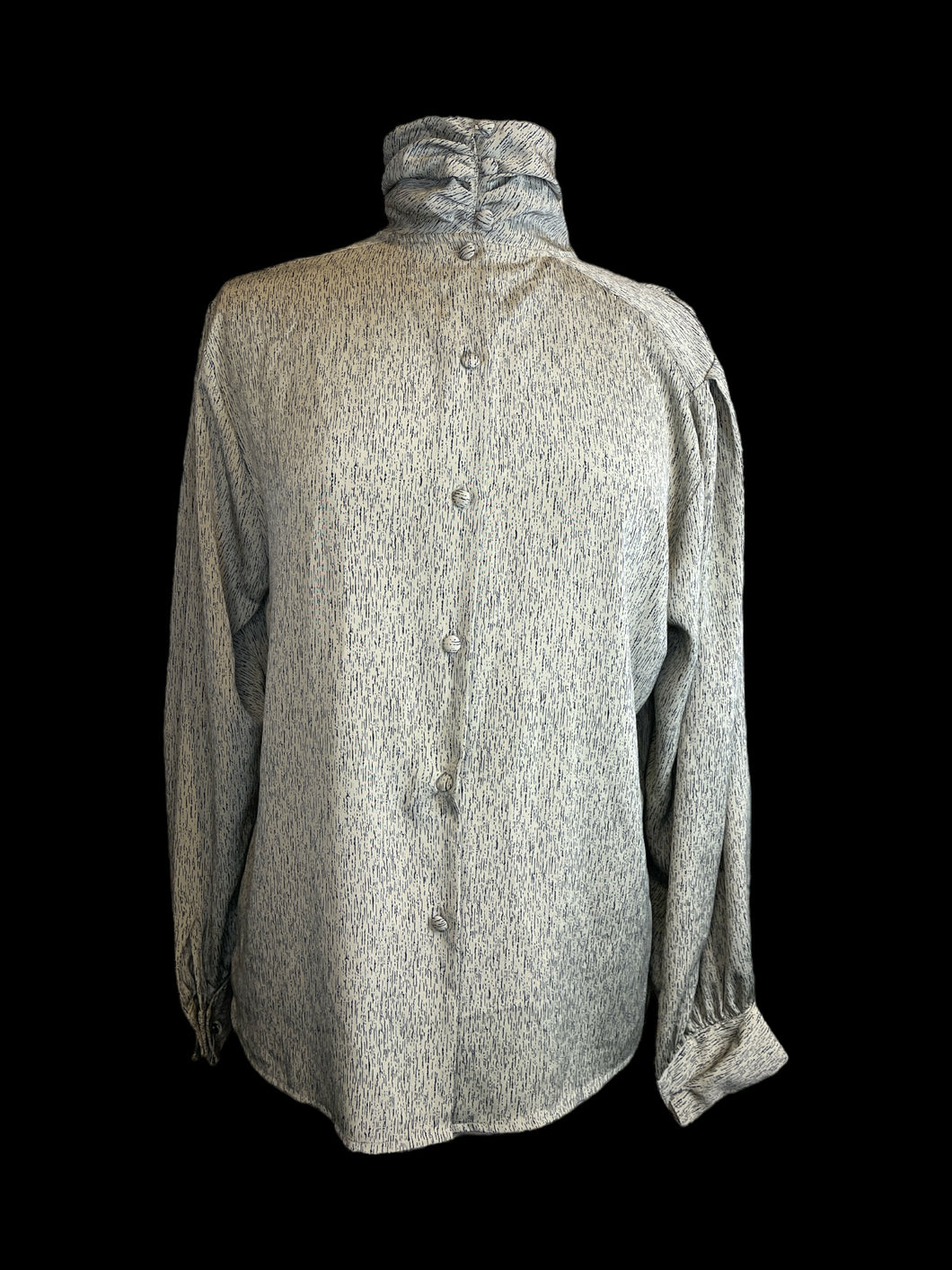 1X Vintage 70s taupe & black abstract stripe long sleeve button down top w/ high collar, & cloth buttons
