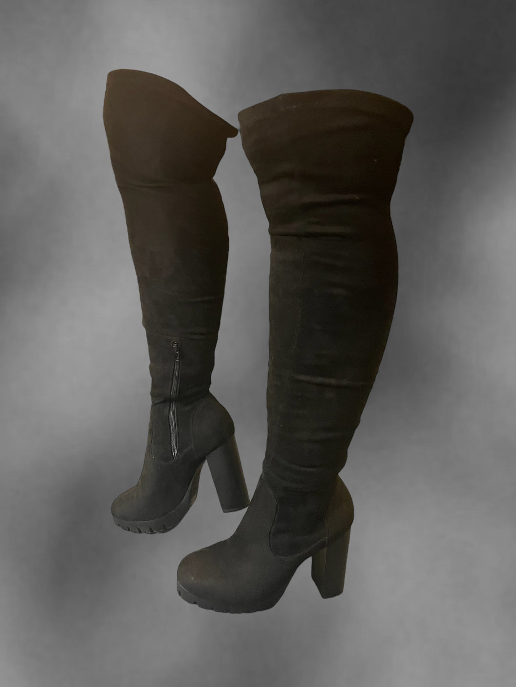9.5M/10W Black faux suede block heel thigh high boots w/ partial zipper closure