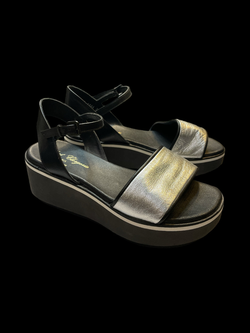 6.5M/8W Black & metallic silver strappy platform wedge sandals w/ adjustable ankle straps