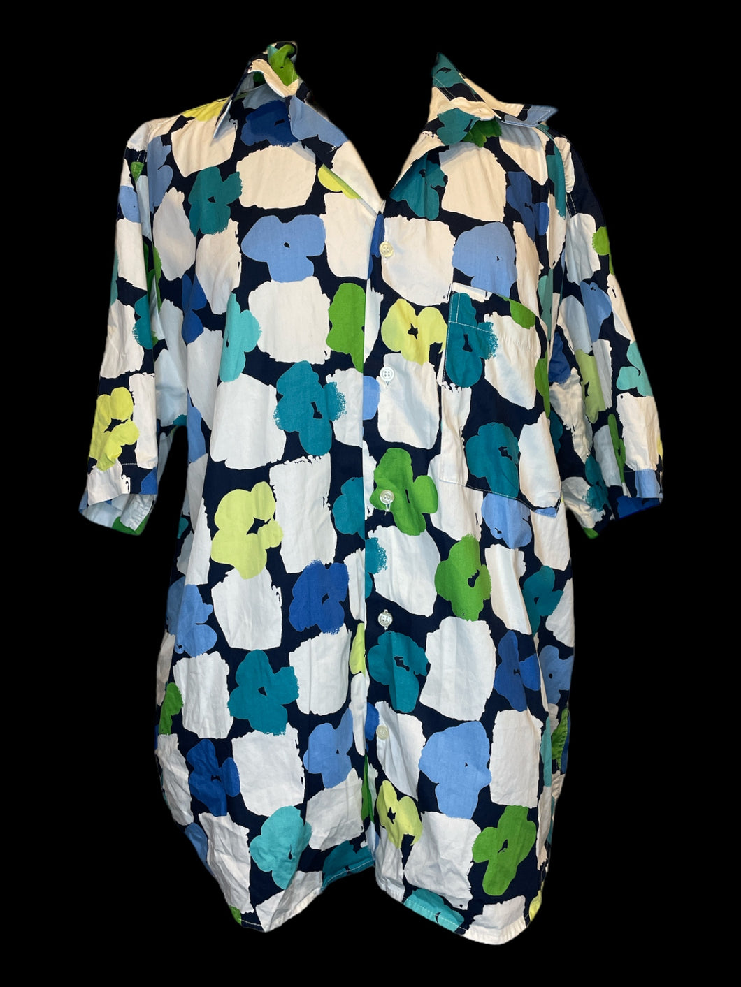 1X Vintage white, blue, green, & yellow floral pattern short sleeve button down top w/ chest pocket