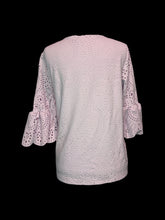 Load image into Gallery viewer, L Blush pink 3/4 sleeve square neckline top w/ floral cutout pattern, &amp; ruffle cuffs
