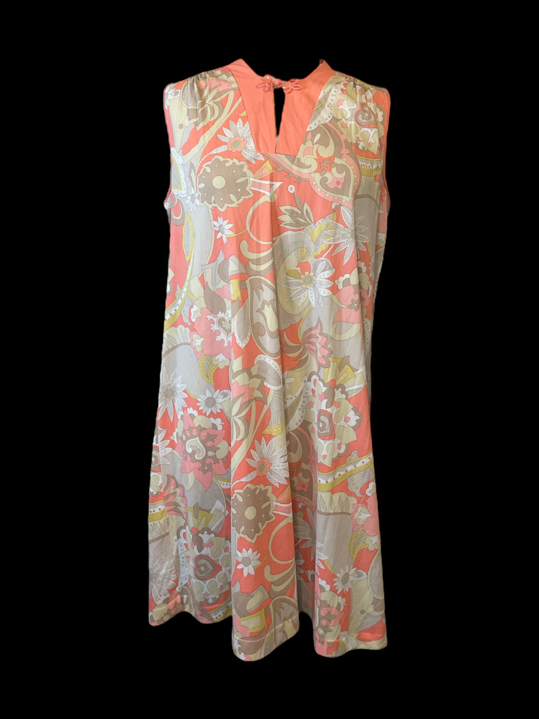0X Vintage pink, beige, & yellow paisley sleeveless dress w/ frog button closure
