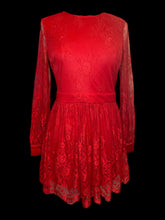 Load image into Gallery viewer, M Red long balloon sleeve dress w/ floral lace, button cuffs, &amp; back zipper closure
