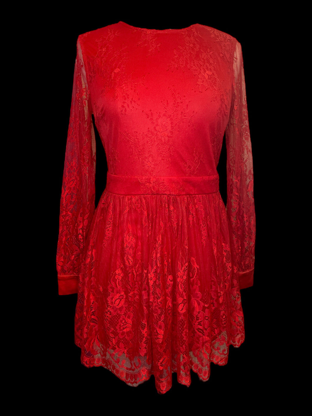M Red long balloon sleeve dress w/ floral lace, button cuffs, & back zipper closure