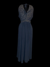 Load image into Gallery viewer, L Blue grey sleeveless high neck maxi dress w/ sequin floral lace chest, keyhole details, &amp; clasp/zipper closure

