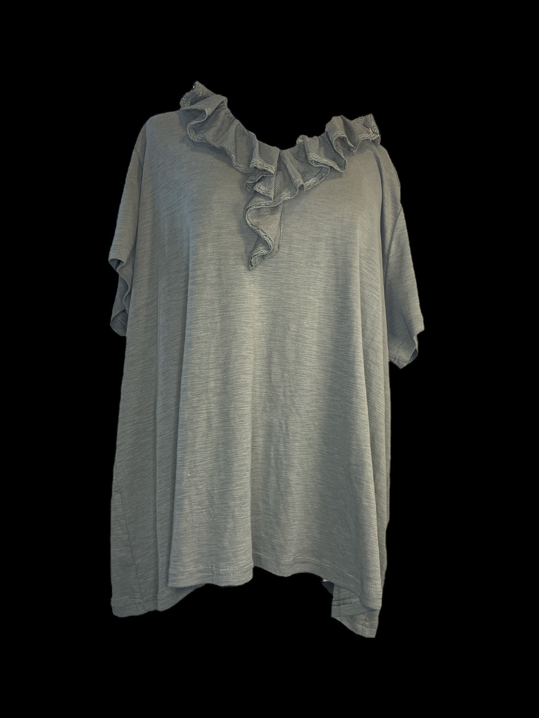 5X NWT Heathered sage short sleeve V neck top w/ mesh ruffle V neckline