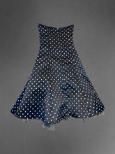 Load image into Gallery viewer, XS Vintage Gunne Sax black strapless dress w/ white polka dots, tule hem petticoat, plastic boning, &amp; clasp/zipper closure
