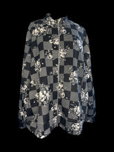 Load image into Gallery viewer, 3X Black checkerboard zip down sweater &amp; jogger set w/ floral pattern, white stripe accent, &amp; elastic hems on pants

