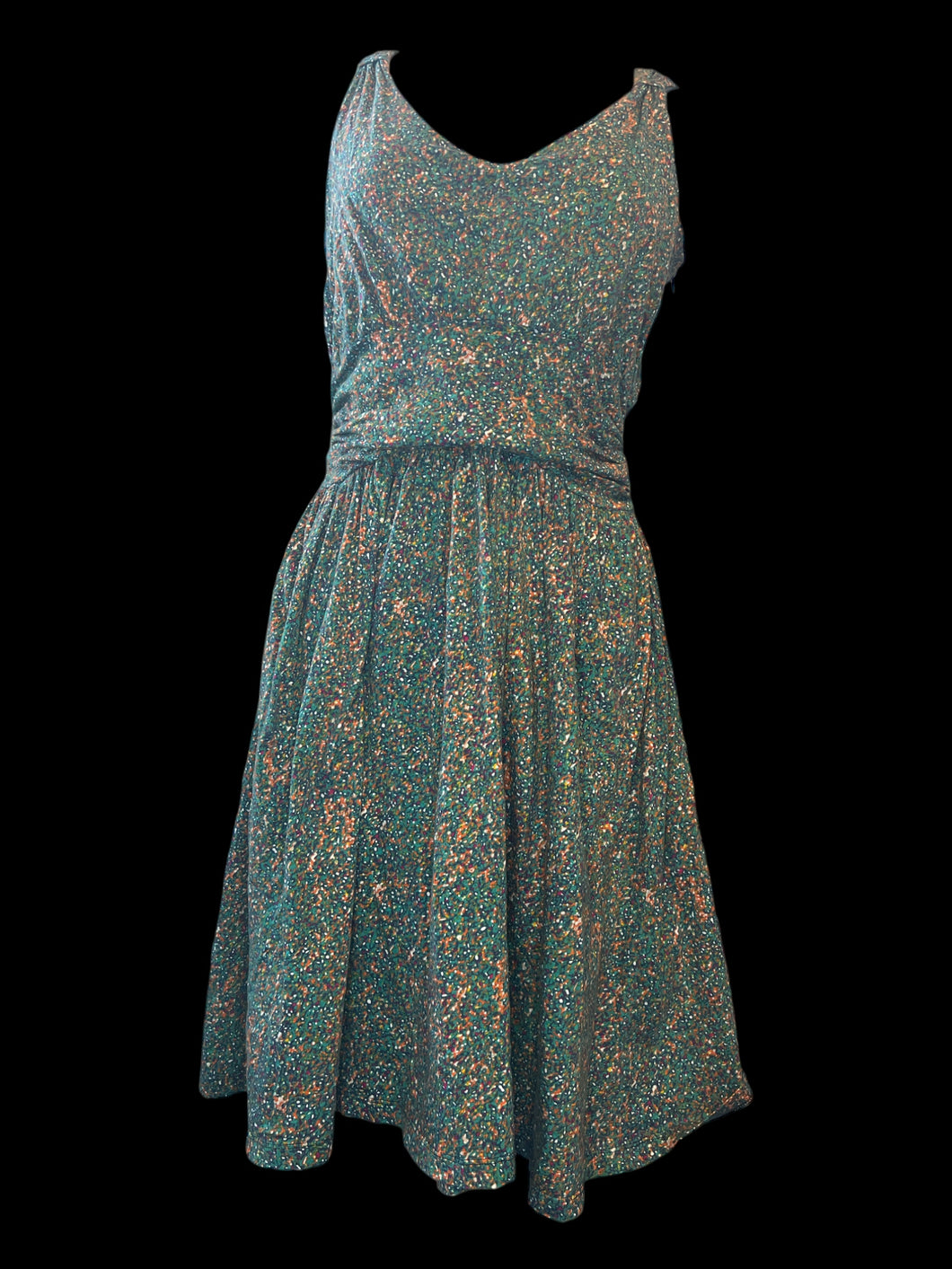 L Teal & multicolor abstract pattern sleeveless dress w/ v neckline, ruched details, a-line skirt, & side zipper/clasp closure