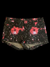Load image into Gallery viewer, 2X Black, pink, &amp; white galaxy print high waist shorts w/ folded cuffs, belt loops, pockets, &amp; four button/zipper closure
