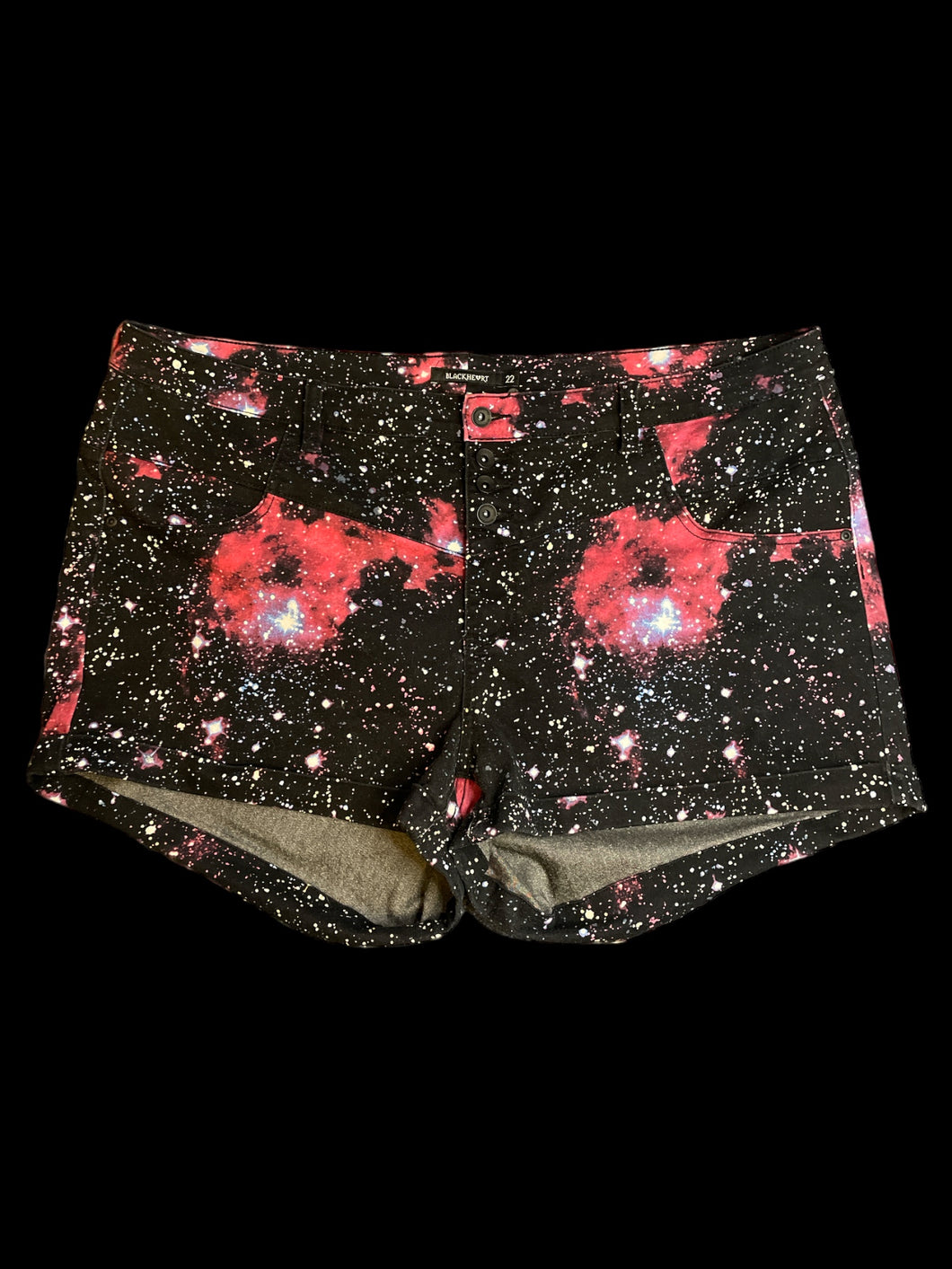 2X Black, pink, & white galaxy print high waist shorts w/ folded cuffs, belt loops, pockets, & four button/zipper closure