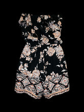 Load image into Gallery viewer, S NWT Black strapless romper w/ pink floral pattern, ruffle detail, pockets, &amp; elastic waist
