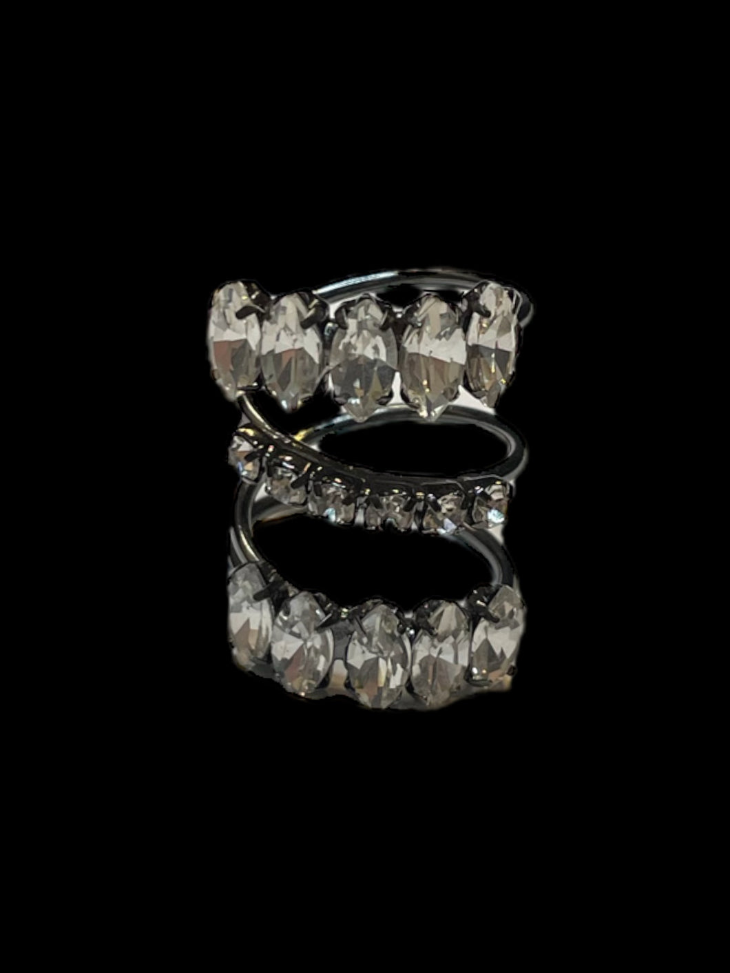7 Gunmetal wrap ring w/ circle & almond clear cut gems