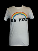 Load image into Gallery viewer, M White short sleeve crew neck cotton top w/ black “Be You” text, &amp; rainbow graphic
