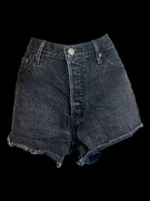 Load image into Gallery viewer, L Black denim high waist shorts w/ raw hem, pockets, belt loops, &amp; hidden five button closure
