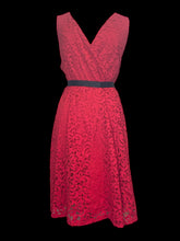 Load image into Gallery viewer, 1X Red lace dress w/ mock wrap bust, black waist ribbon, belt loops, petticoat, &amp; side zipper closure
