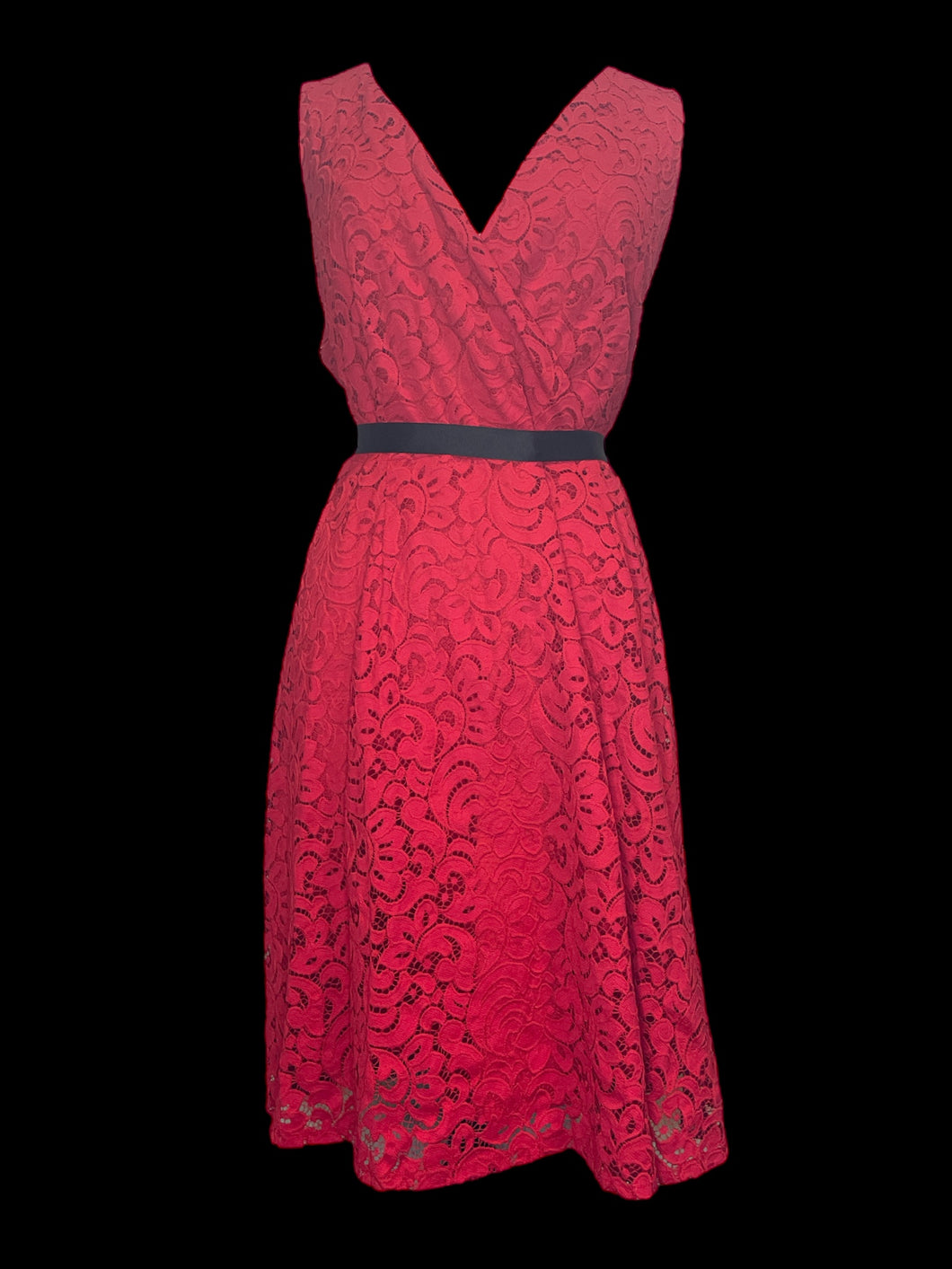 1X Red lace dress w/ mock wrap bust, black waist ribbon, belt loops, petticoat, & side zipper closure