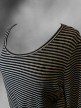Load image into Gallery viewer, 0X Black &amp; grey stripe rib knit bell sleeve scoop neck crop top
