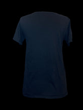 Load image into Gallery viewer, L Black &amp; white short sleeve crew neck top w/ dancing skeleton, celestial, &amp; floral pattern
