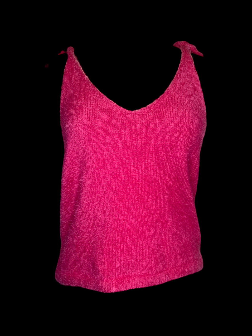 L Hot pink sleeveless v-neckline fuzzy crop top w/ tie adjustable straps
