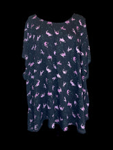 Load image into Gallery viewer, 5X Black Sheer scoopneck short sleeve top w/ pink shark &amp; paint splatter pattern, &amp; back button closure
