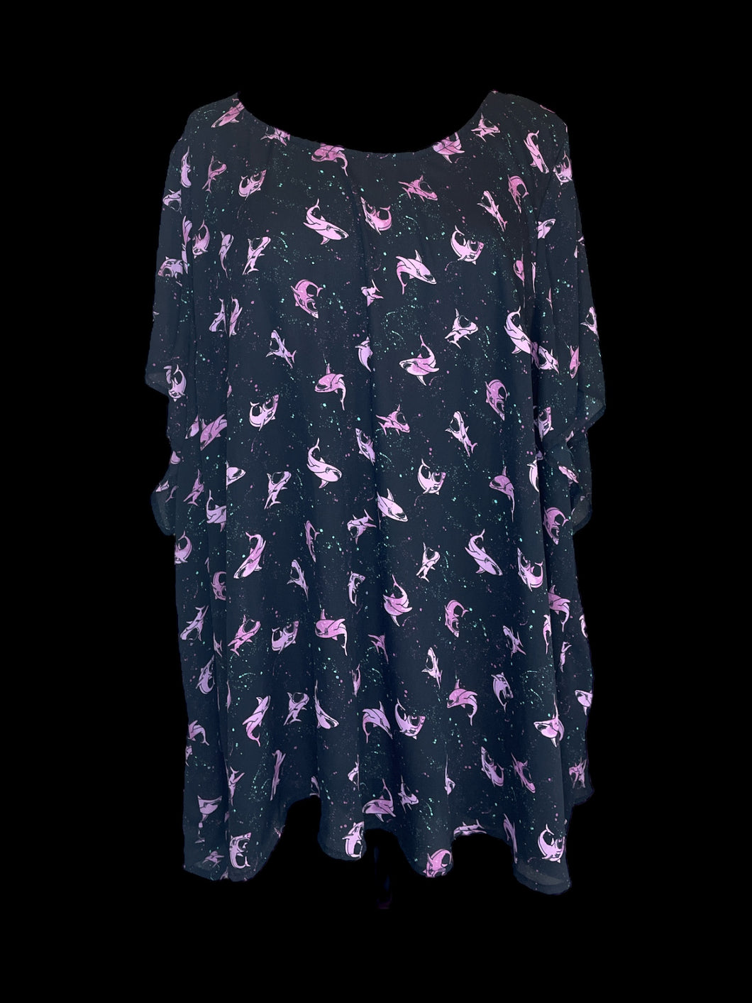 5X Black Sheer scoopneck short sleeve top w/ pink shark & paint splatter pattern, & back button closure