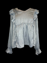 Load image into Gallery viewer, 0X Dusty blue satin-like balloon sleeve top w/ paneling, ruffle detail, &amp; mesh collar
