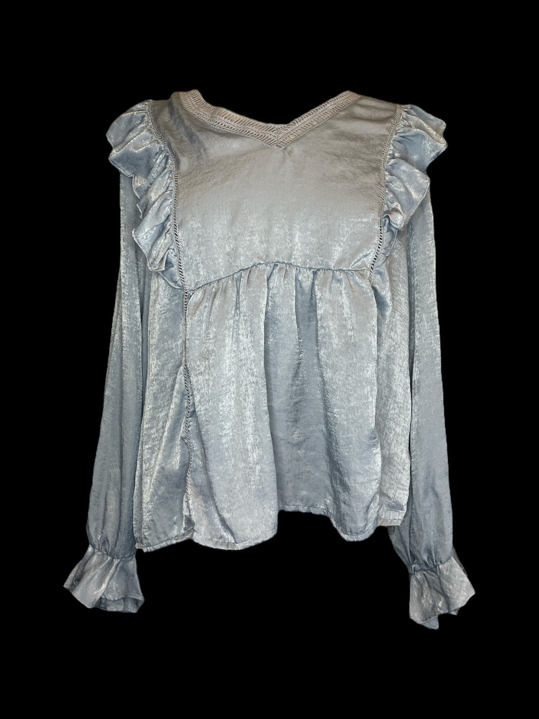 0X Dusty blue satin-like balloon sleeve top w/ paneling, ruffle detail, & mesh collar