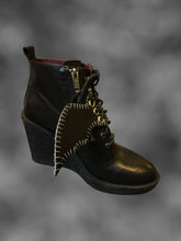 Load image into Gallery viewer, Black pleather bat wing shoe accessory w/ metal eyelets, &amp; white stitching
