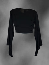 Load image into Gallery viewer, M Black bell sleeve mock wrap neckline crop top
