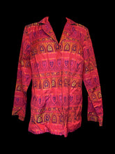 Load image into Gallery viewer, 0X Vintage 90s maroon button-up long sleeve top w/ multicolor embroidered ornate pattern, &amp; shoulder pads
