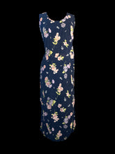 Load image into Gallery viewer, 1X Dark blue, pink, &amp; green floral &amp; white paisley sleeveless dress w/ side hem slits
