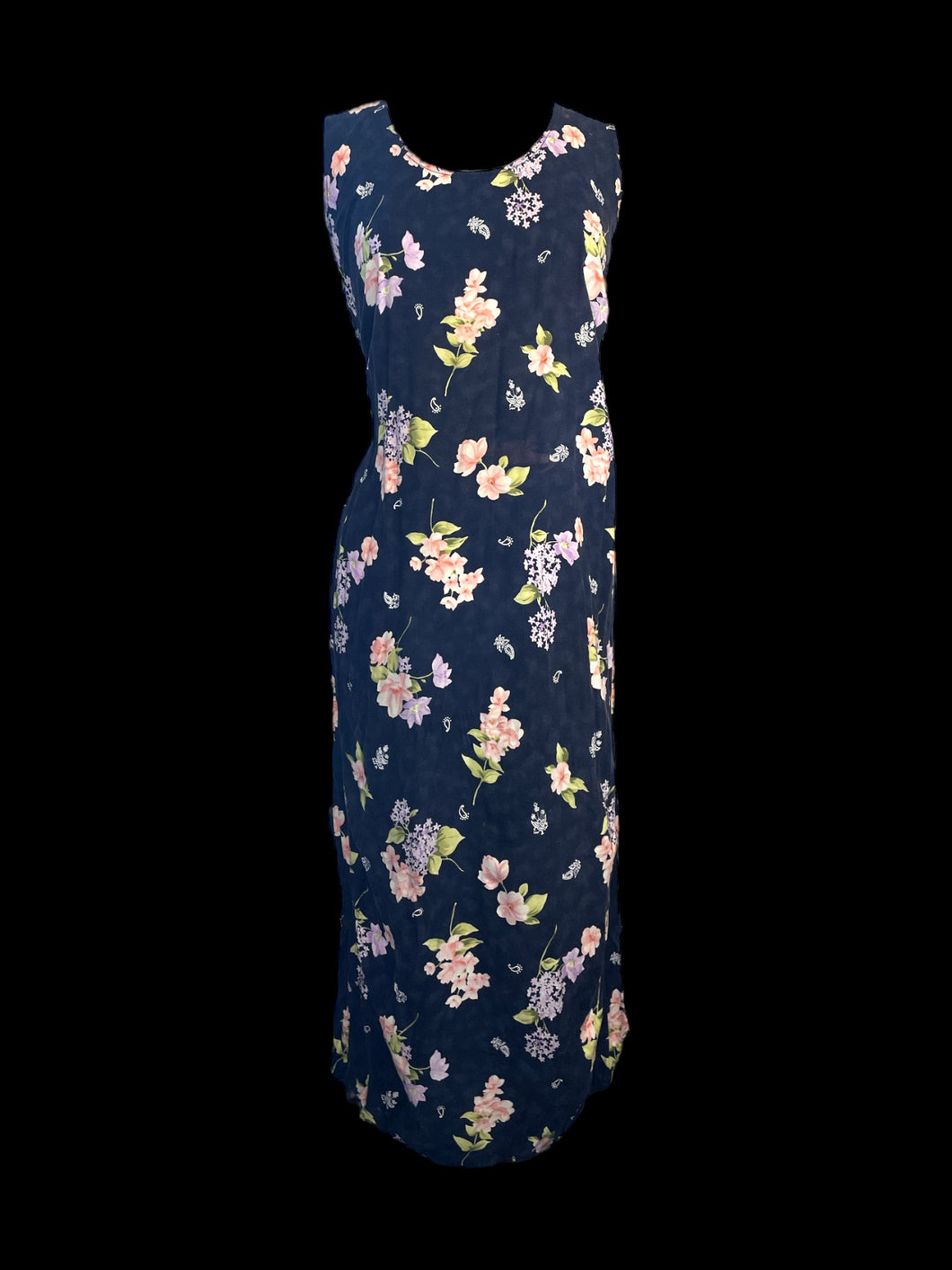 1X Dark blue, pink, & green floral & white paisley sleeveless dress w/ side hem slits