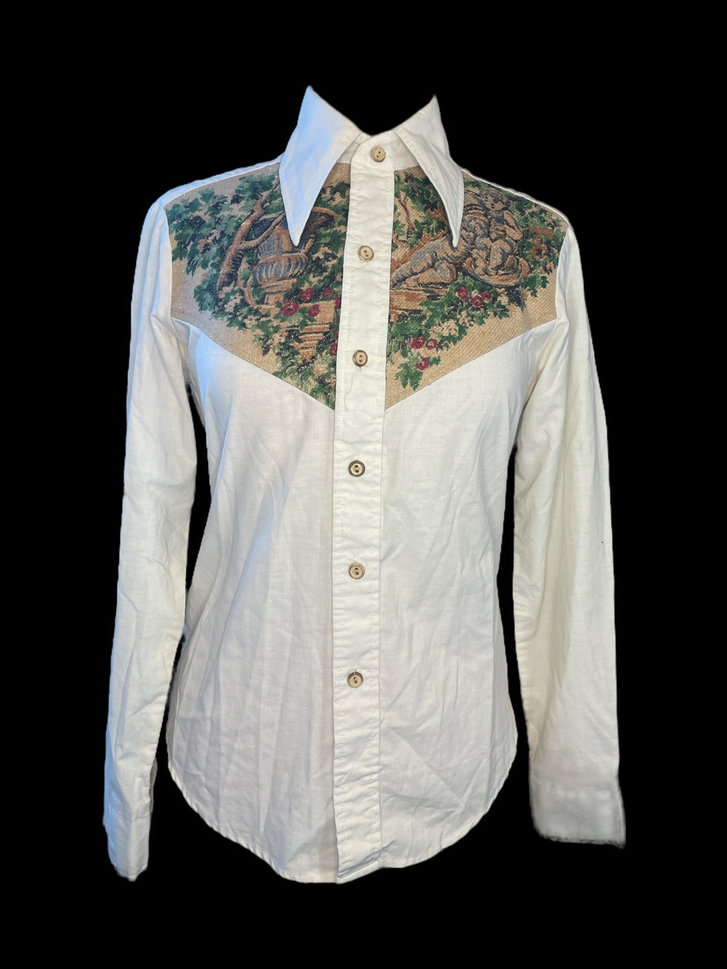 M Vintage rare white long sleeve button down top w/ garden art paneling, folded collar, & button cuffs
