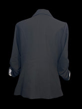 Load image into Gallery viewer, L Black 3/4 sleeve single breasted blazer w/ ruched sleeves, folded collar, &amp; mock pockets
