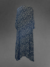 Load image into Gallery viewer, 8X Black short sleeve scoop neck maxi dress w/ white abstract line pattern, shoulder pads, &amp; partial button closure
