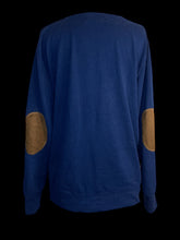 Load image into Gallery viewer, 2X Dark blue long sleeve cardigan w/ brown faux suede elbow pads
