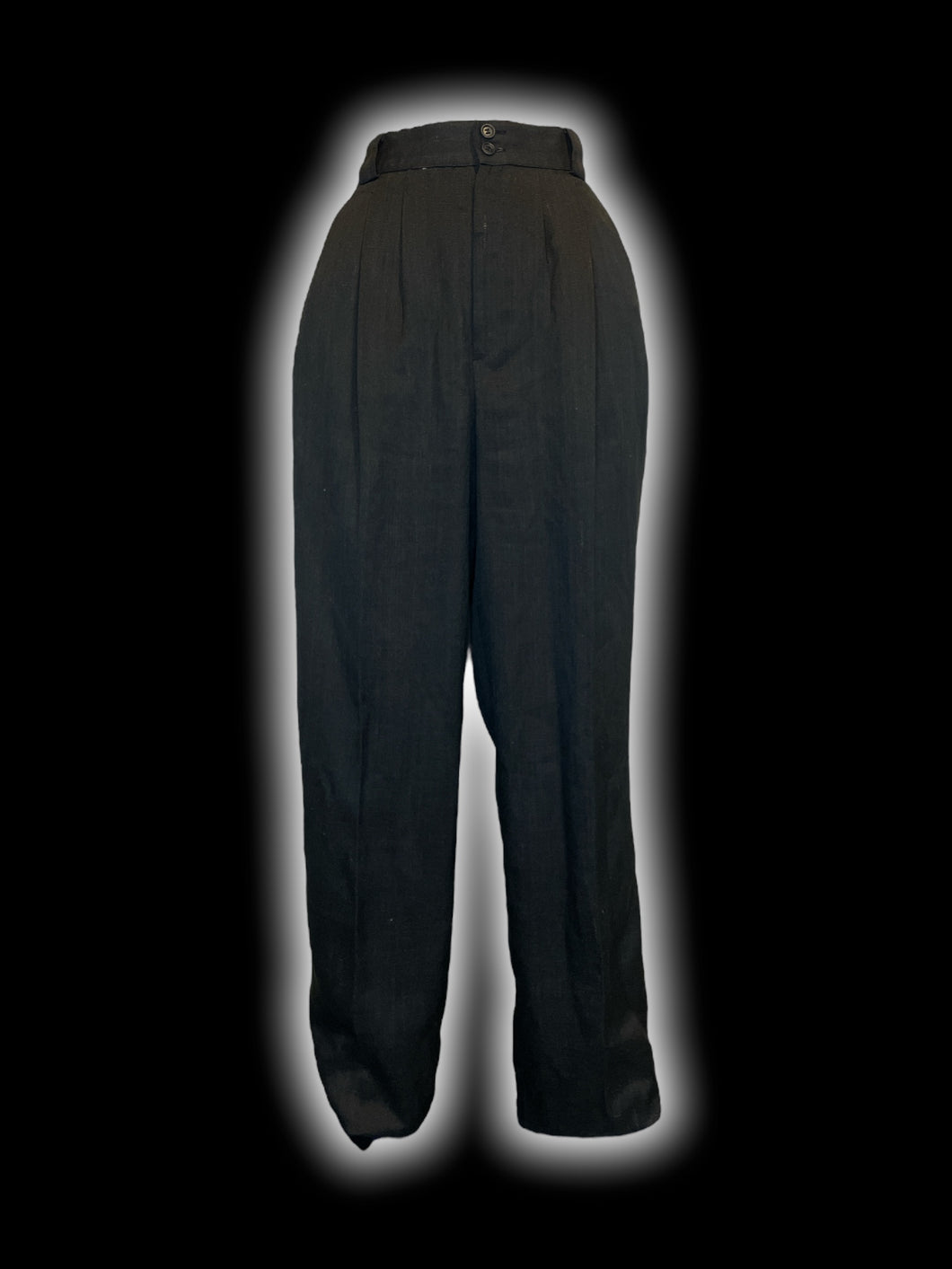 M Vintage black linen blend high waist wide leg pants w/ pockets, belt loops, & two button/zipper closure