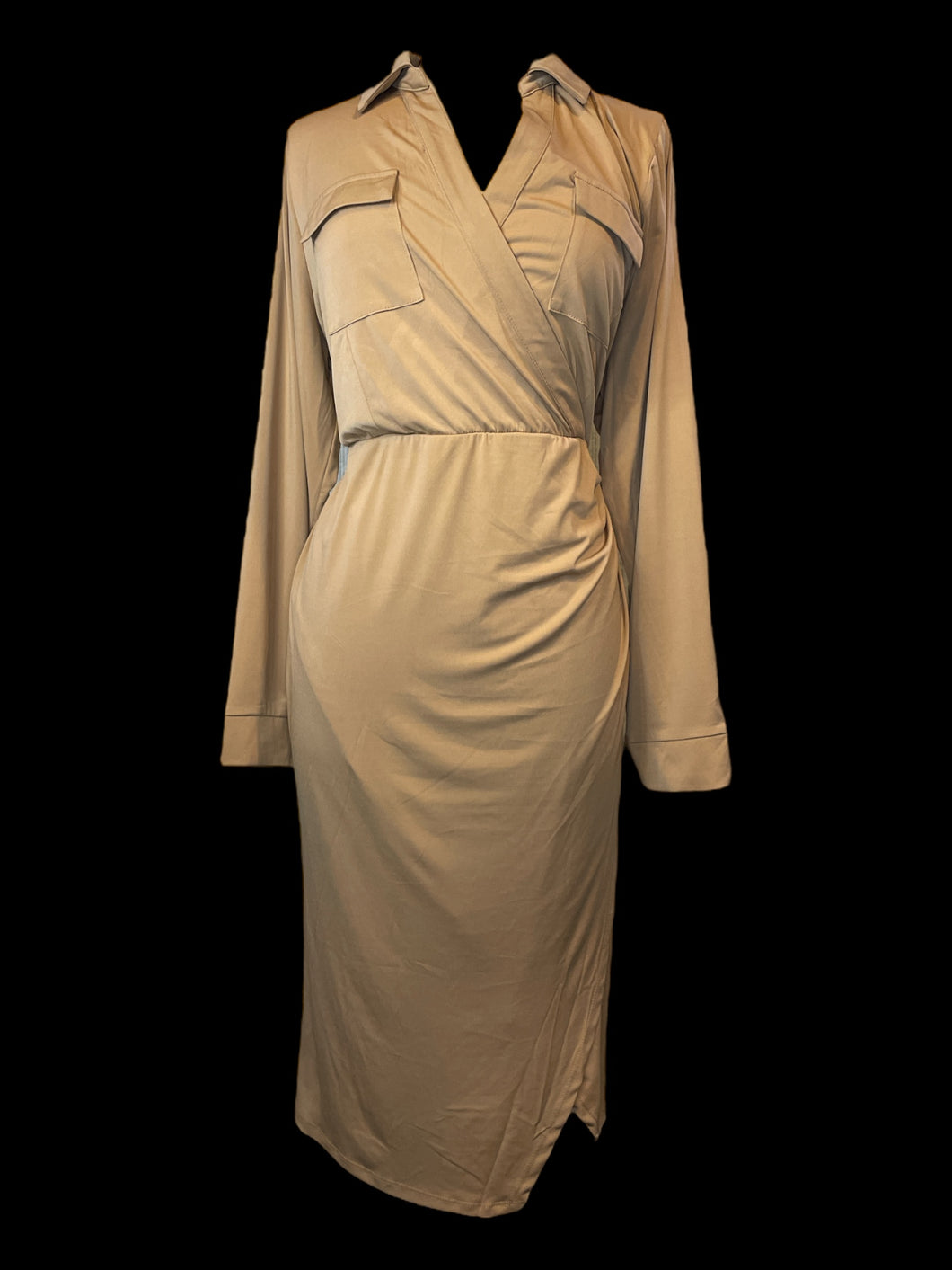 0X Soft brown long sleeve faux wrap midi dress w/ folded collar, chest pockets, & tie accent
