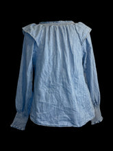 Load image into Gallery viewer, L Blue long balloon sleeve notch neckline cotton top w/ ruffle details, &amp; tie front
