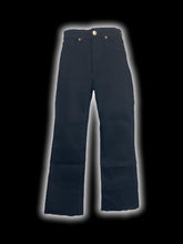 Load image into Gallery viewer, S Black denim high waisted pants w/ frayed hems, pockets, belt loops, &amp; button/zipper closure
