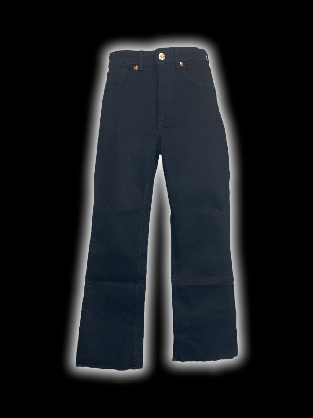 S Black denim high waisted pants w/ frayed hems, pockets, belt loops, & button/zipper closure