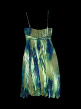 Load image into Gallery viewer, XS Green &amp; blue floral &amp; snakeskin pattern sleeveless dress w/ adjustable straps, underbust detail, cup pads, attached cloth belt, &amp; blue petticoat
